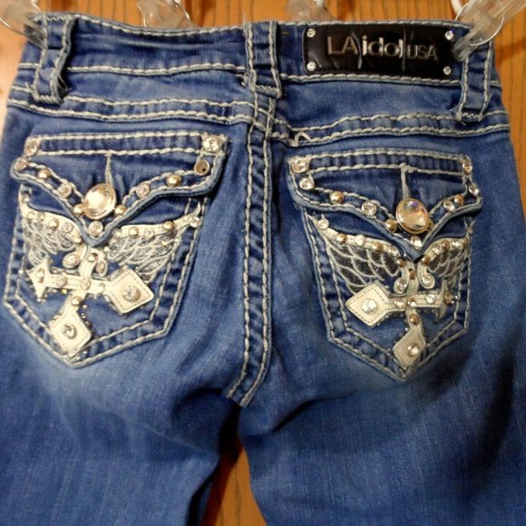 LA IDOL Jeans Sz 0 26x 20 Flap Fleur pocket Bling Dark wash Crop Capri Designer - Picture 2 of 12